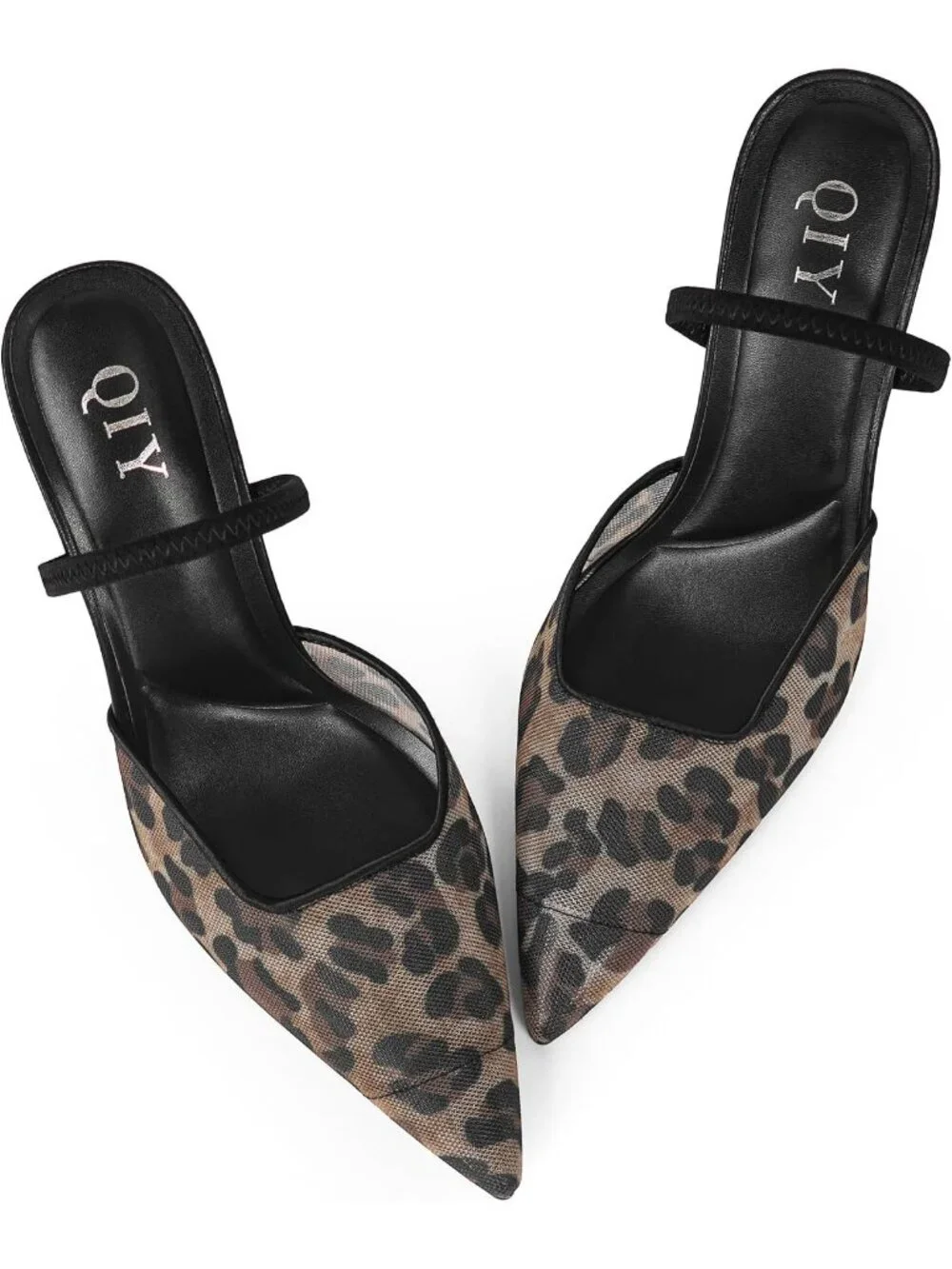 Women's Leopard Mesh Closed Pointed Toe Sexy Slip on Backless High Heel Sandals